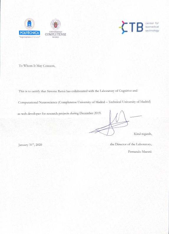 Attestato collaborazione Centro de Tecnologia Biomedica di Madrid e Università Complutense