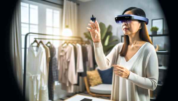 A person at home using augmented reality smart glasses to virtually try on clothes and jewelry, real