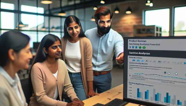 Customer service team in a tech company analyzing product reviews on multiple screens, discussing se