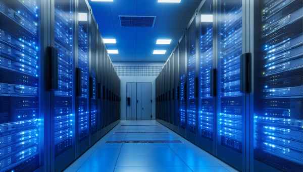 A modern data center with servers and advanced technology, illuminated with blue LED lights, showcas