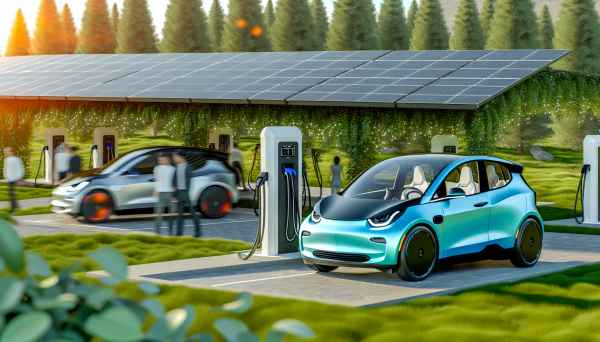 A vibrant image of electric vehicles charging at a modern charging station, surrounded by greenery a