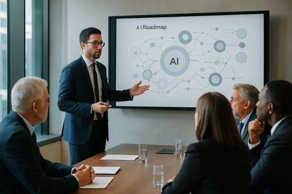 Consulente AI che presenta una strategia di digitalizzazione a un board aziendale