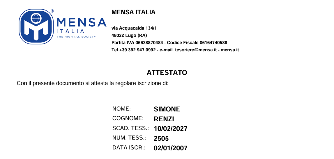 Attestato di iscrizione al Mensa Italia